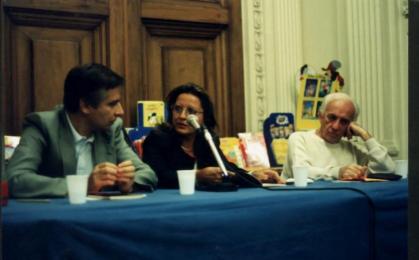 Nella foto da sinistra Giancarlo Pontiggia, Giovanna Sicari e Giancarlo Majorino.Presentazione di Uno stadio del respiro, Ed. Scheiwiller, libreria Hoepli, Milano 1995