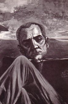 Sergio Vacchi, ritratto di Moravia, 1969, olio su tela